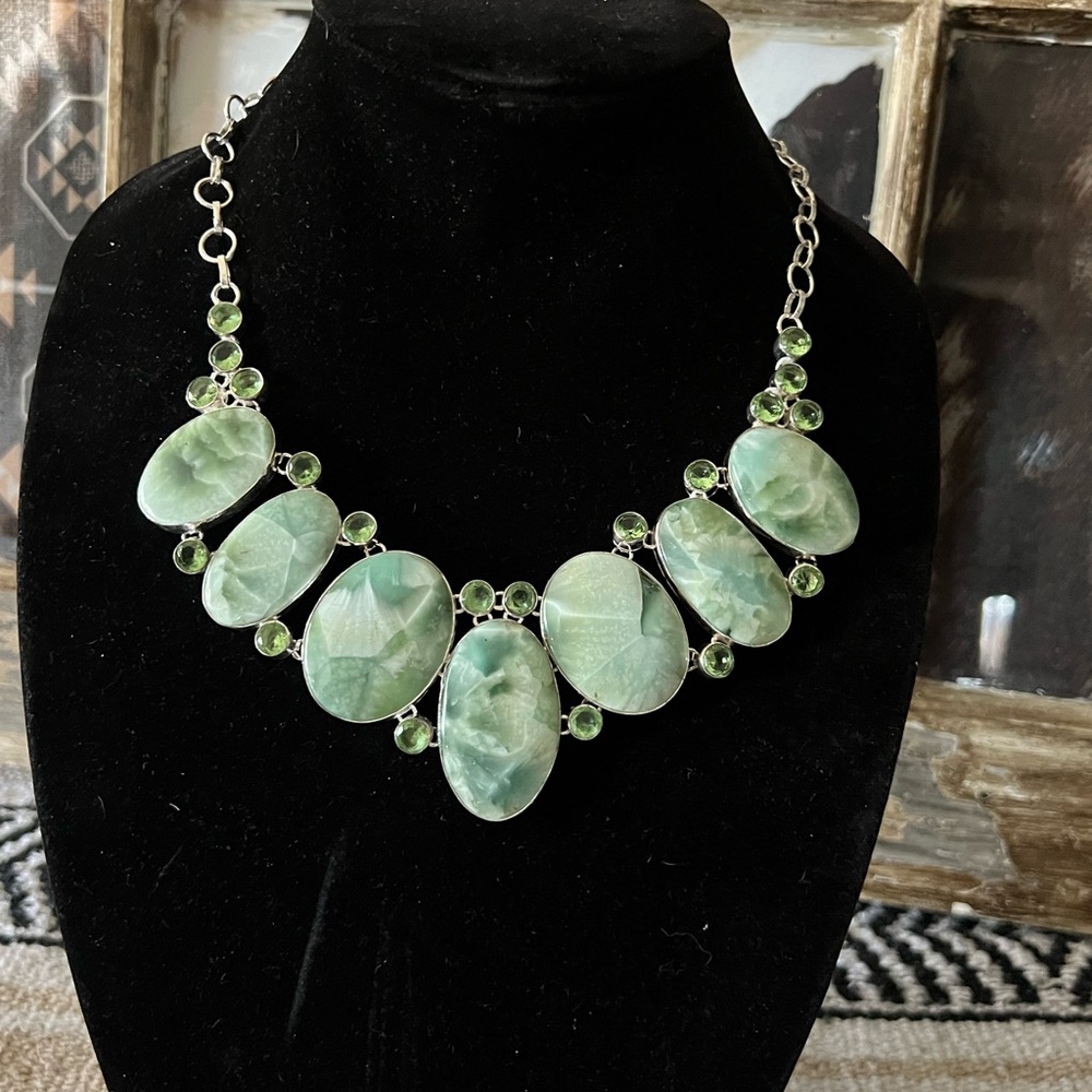 925 Silver Prehnite and peridot statement necklace